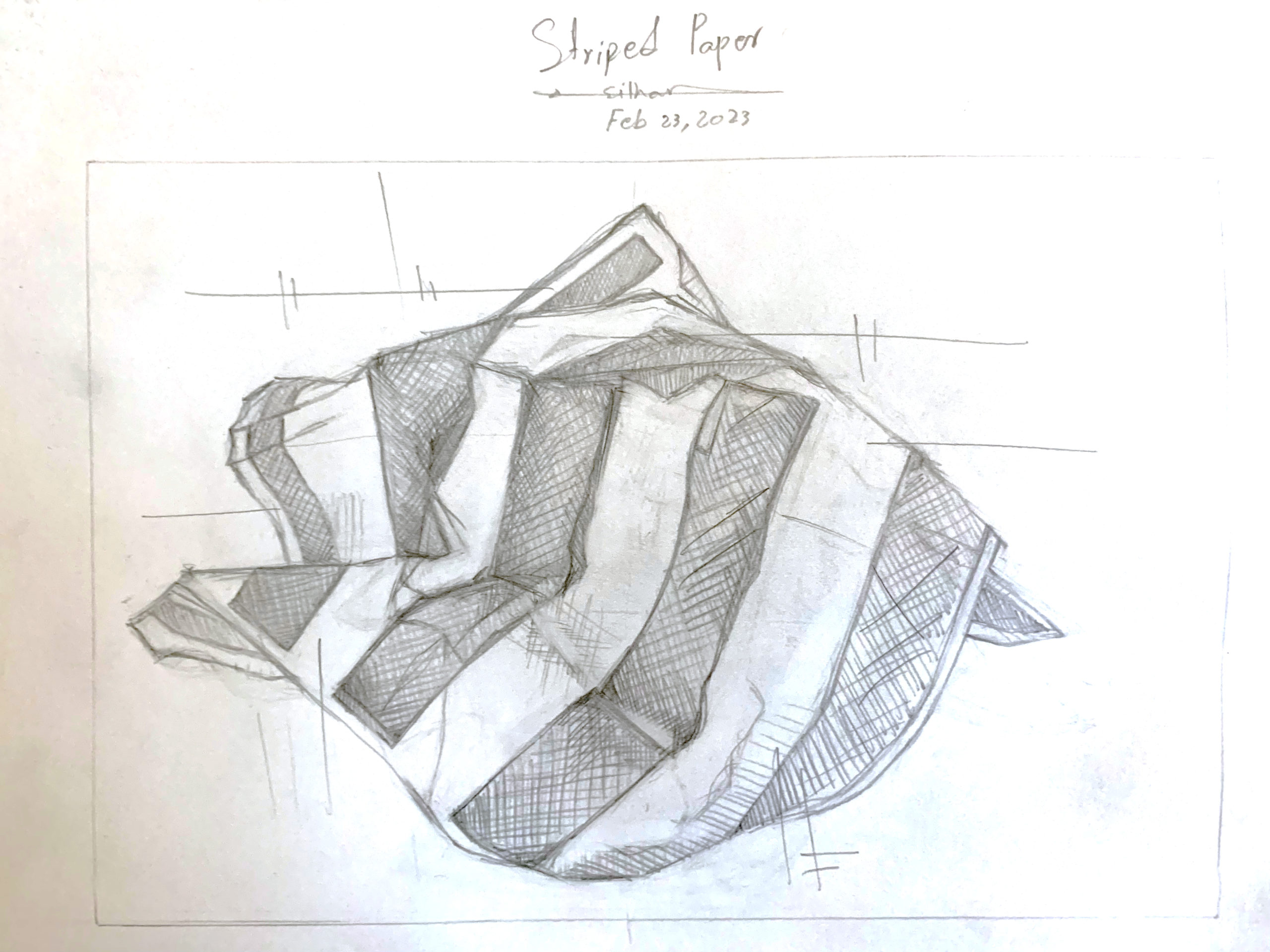 Abbas Hussain H. Alselham,Graphite in Sketchbook, Striped Paper Drawing, AR100 Drawing I, Spring 2023