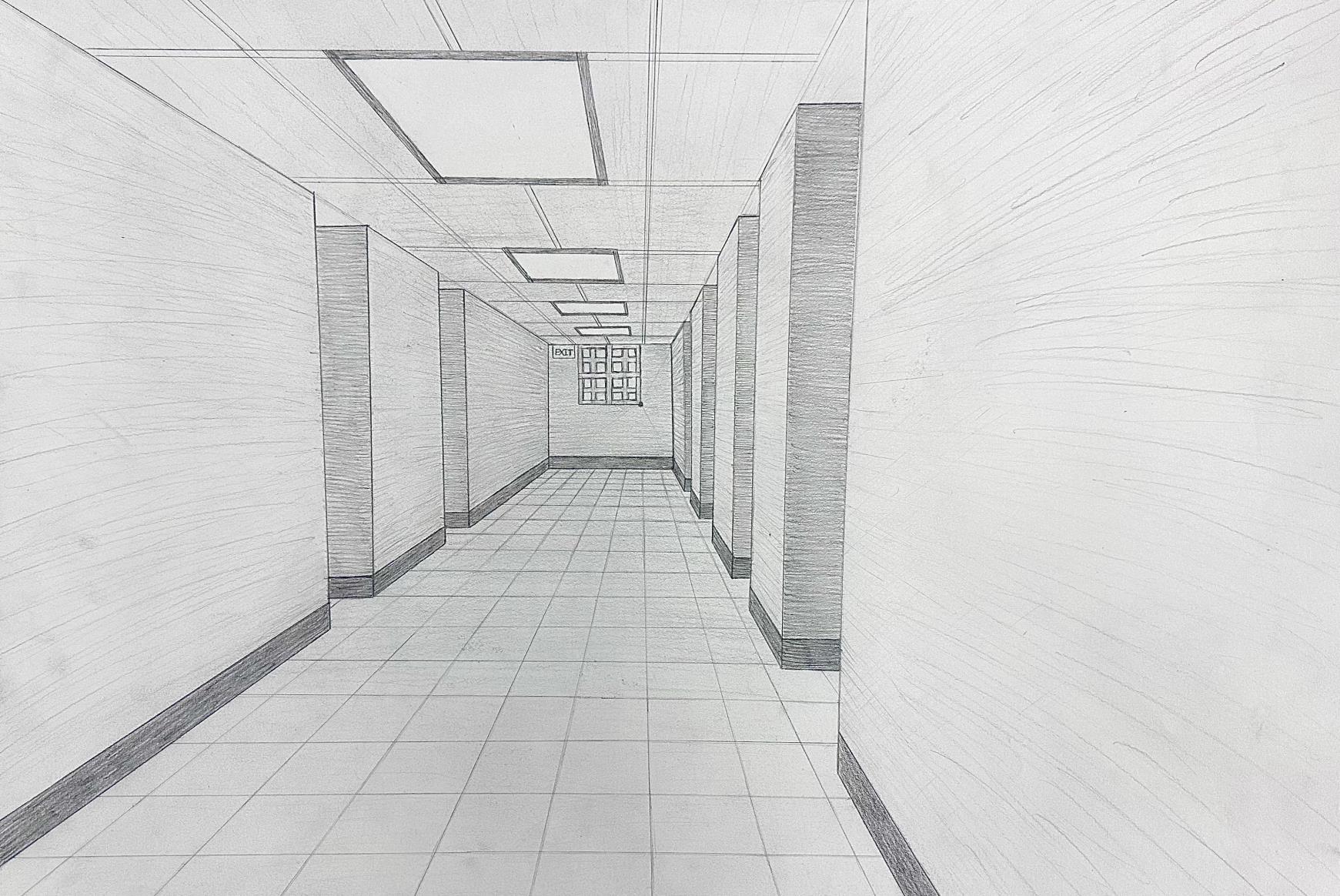 Collin McMahon, Graphite on  Newsprint Paper, 18″x24″, One Point Parallel Linear Perspective, AR100 Drawing I, Fall 2023