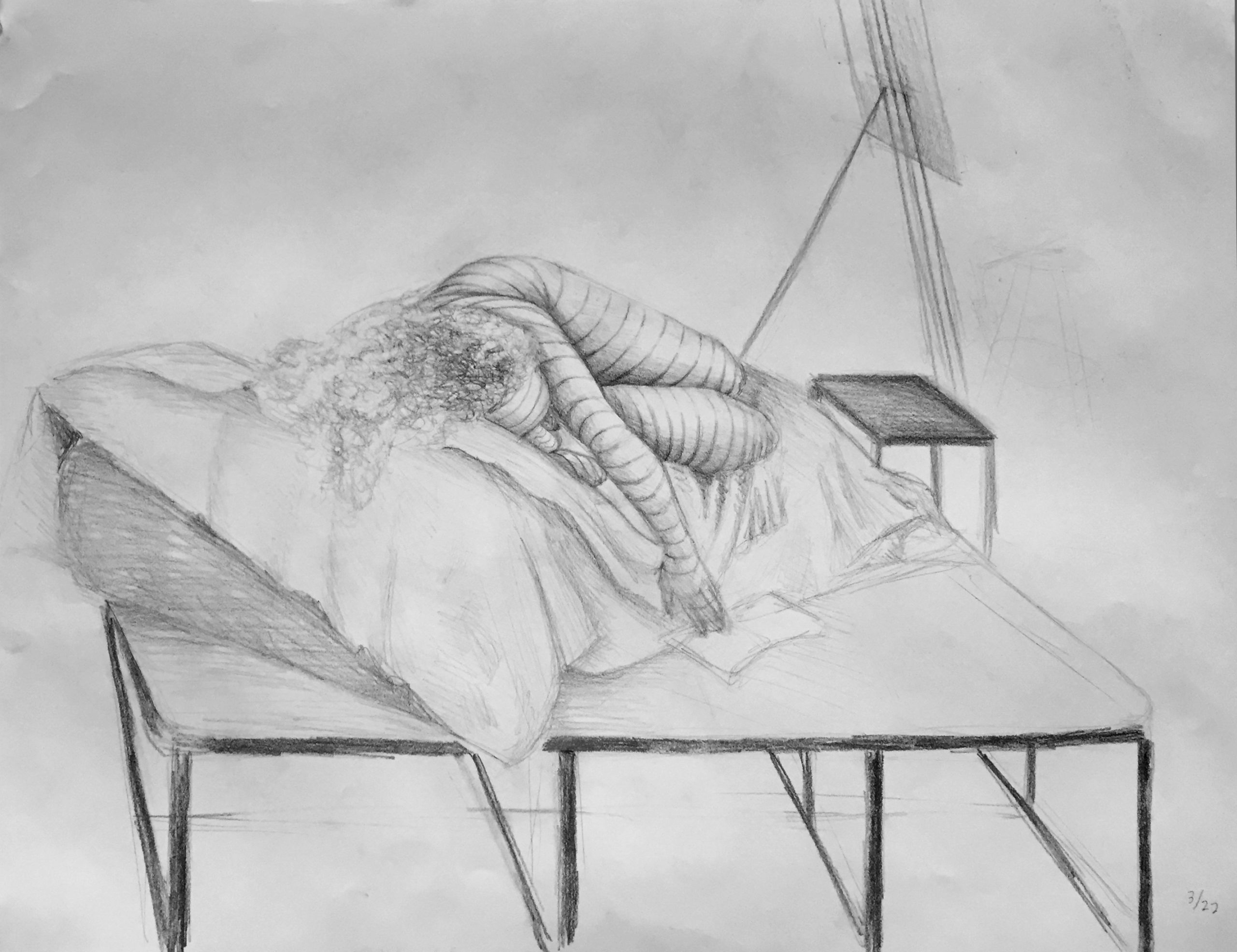 Emily Mohler, Graphite on Paper, 18″x24″, AR202 Figure Drawing, Cross Contour and Foreshortening Assignment, Spring 2018