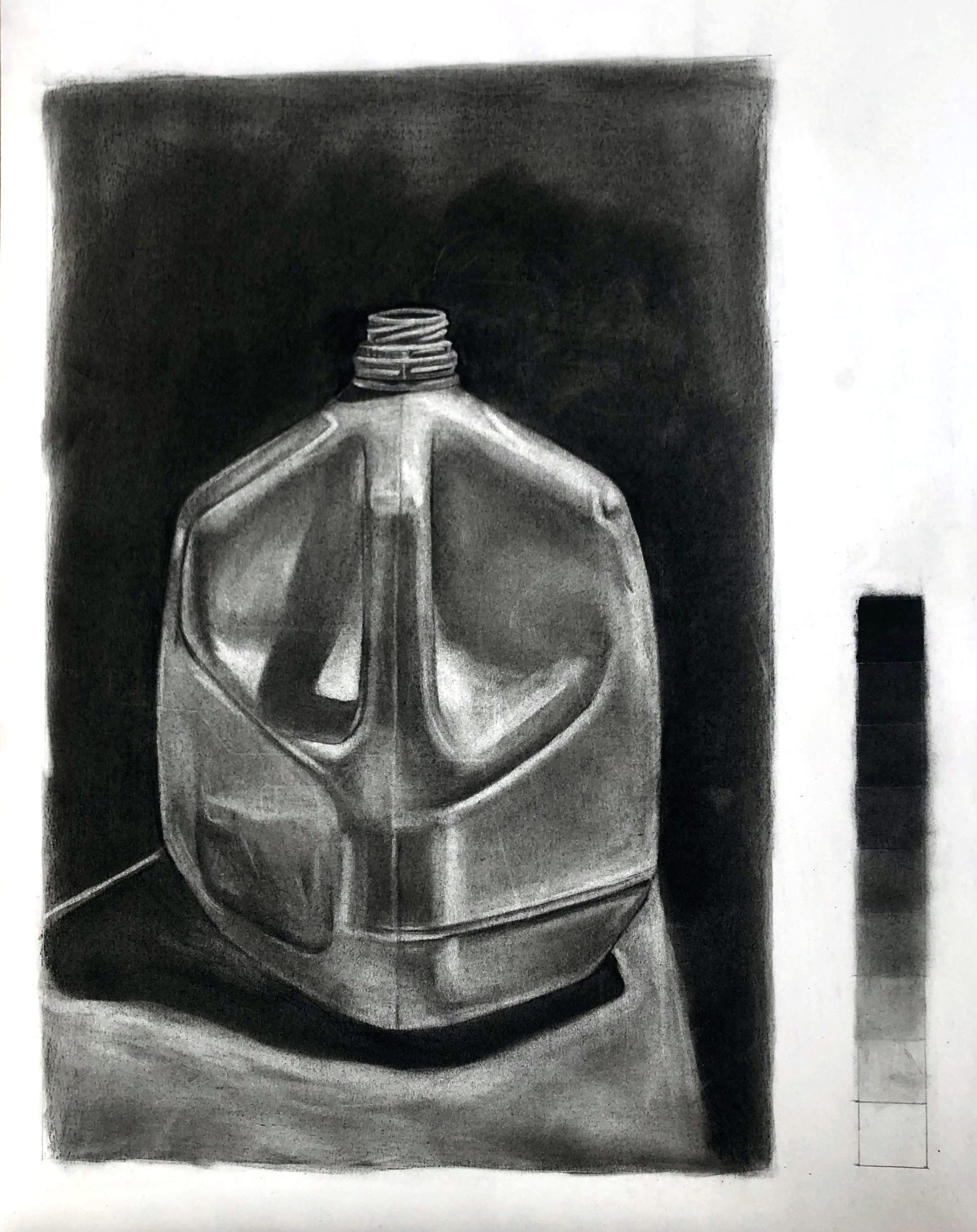 Savannah Gourley, Charcoal on Paper, 24″x18″, White Object Value Still Life with Value Scale, AR100 Drawing I, Spring 2020