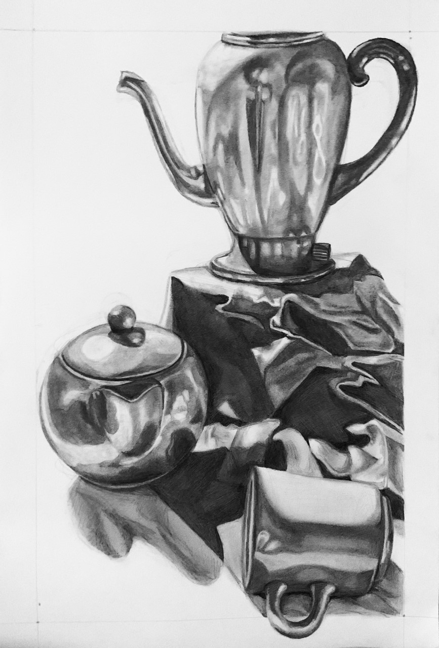Haley Brotherton, Graphite on Paper, 24″x18″, Reflective Objects Value Drawing, AR100 Drawing I, Spring 2020