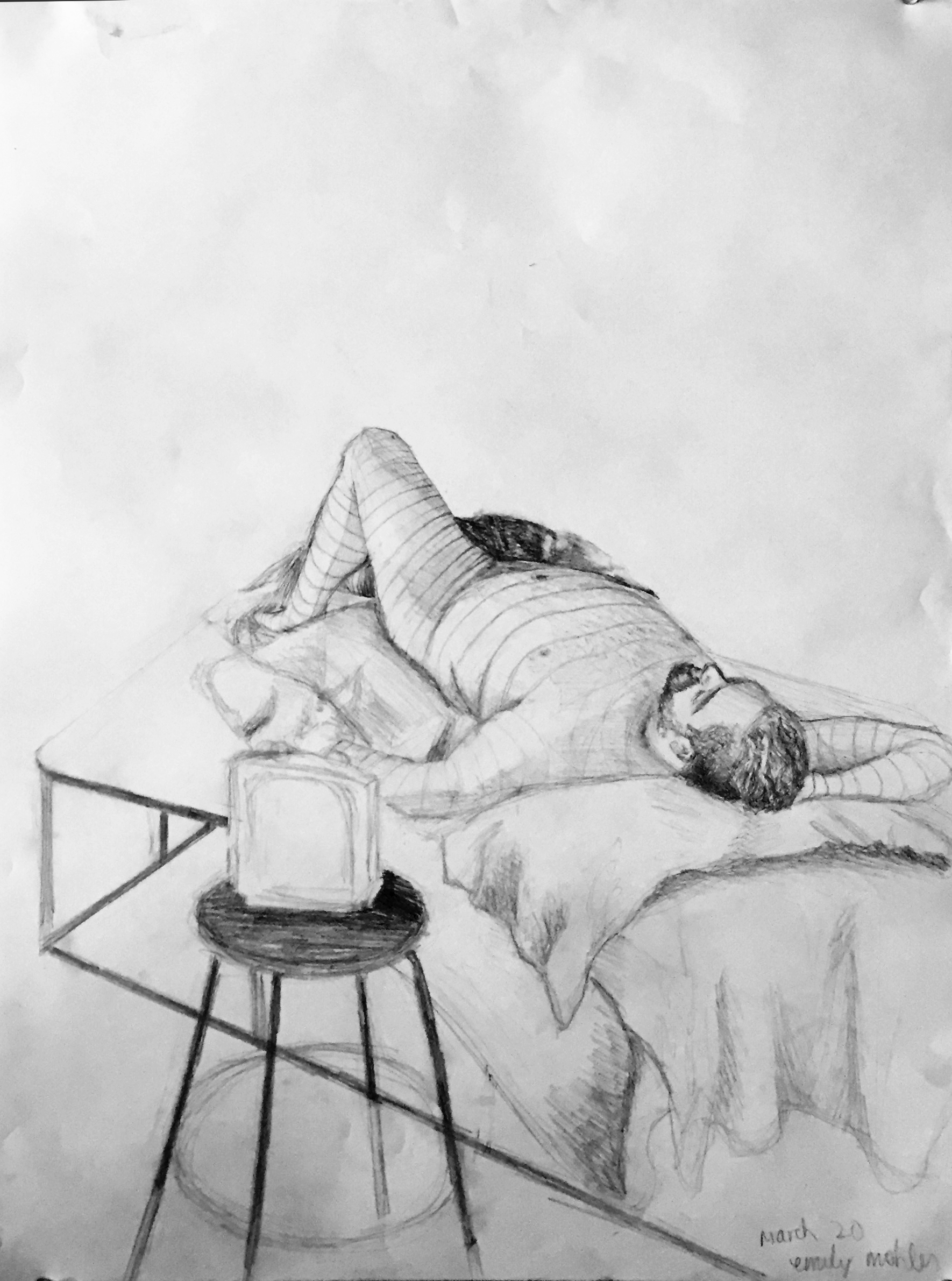 Emily Mohler, Graphite on Paper, 24″x18″, AR202 Figure Drawing, Cross Contour and Foreshortening Assignment, Spring 2018