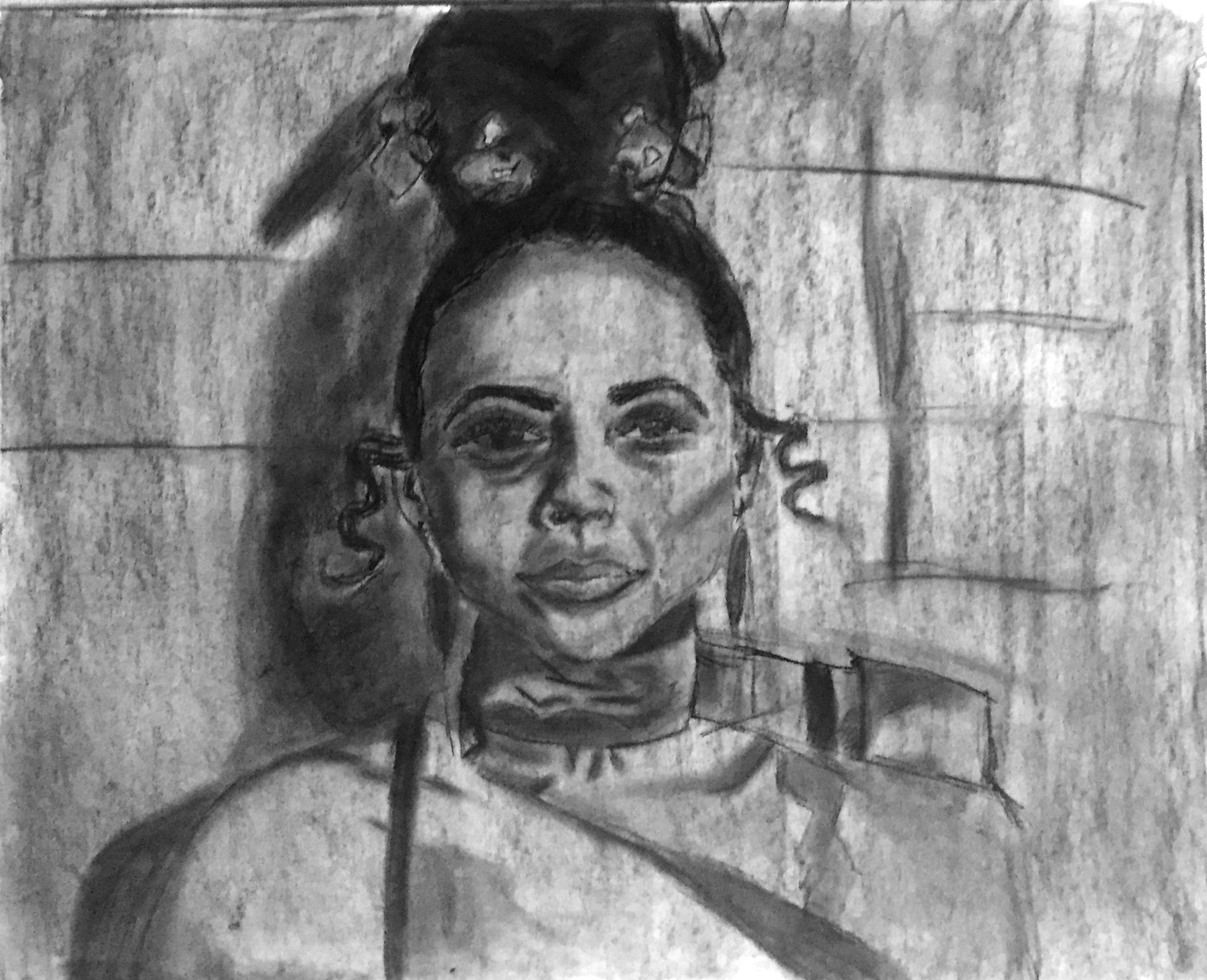 Jada Walker, 30″x22″, Charcoal on Paper, AR202 Figure Drawing, Final Project: Music Video Self Portrait, Spring 2018
