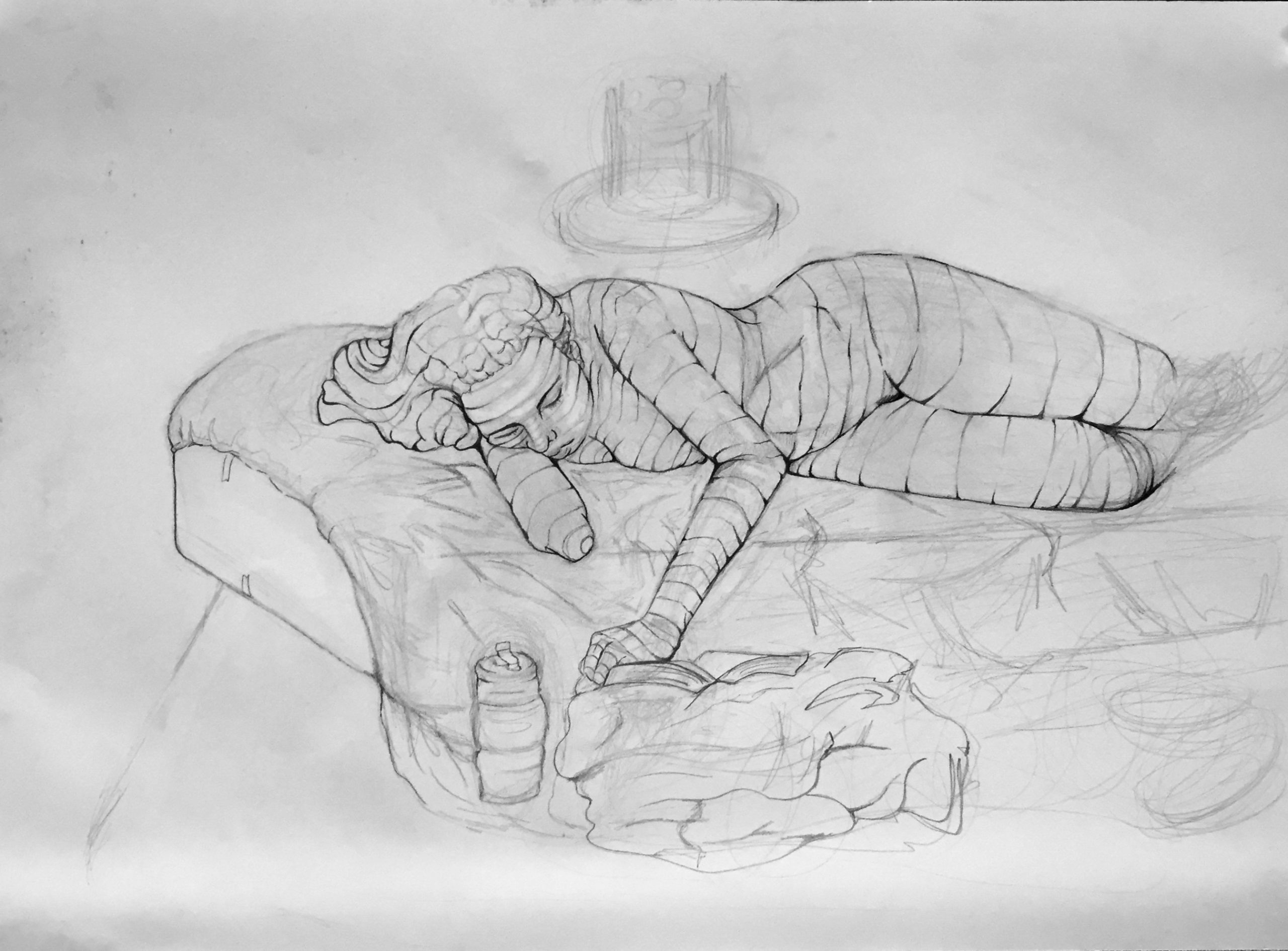 Paige Tucker, 18″x24″, Graphite on Paper, AR202 Figure Drawing, Cross Contour and Foreshortening Assignment, Spring 2018