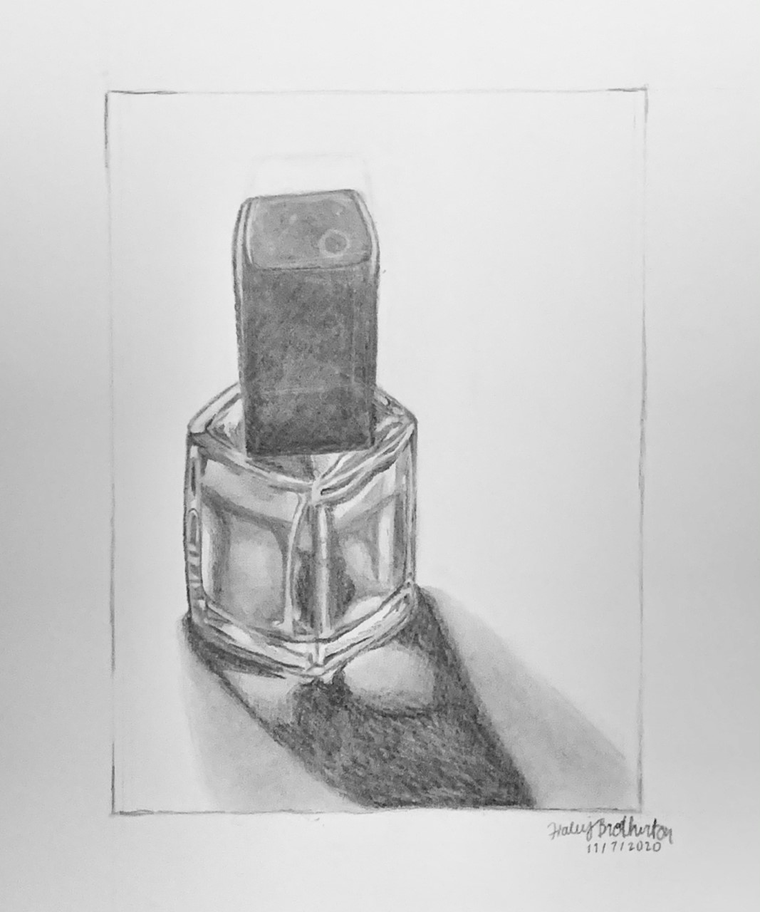 Haley Brotherton, Graphite Pencil in 12″x9″ Sketchbook, Reflective Object Value Study, AR100 Drawing I, Spring 2020