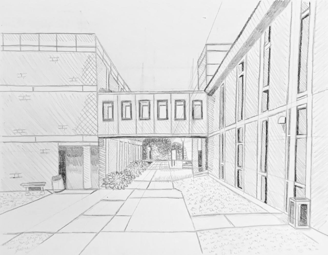Haley Brotherton, Graphite Pencil in 12″x9″ Sketchbook, Space Between Two Buildings Perspective Study, AR100 Drawing I, Spring 2020