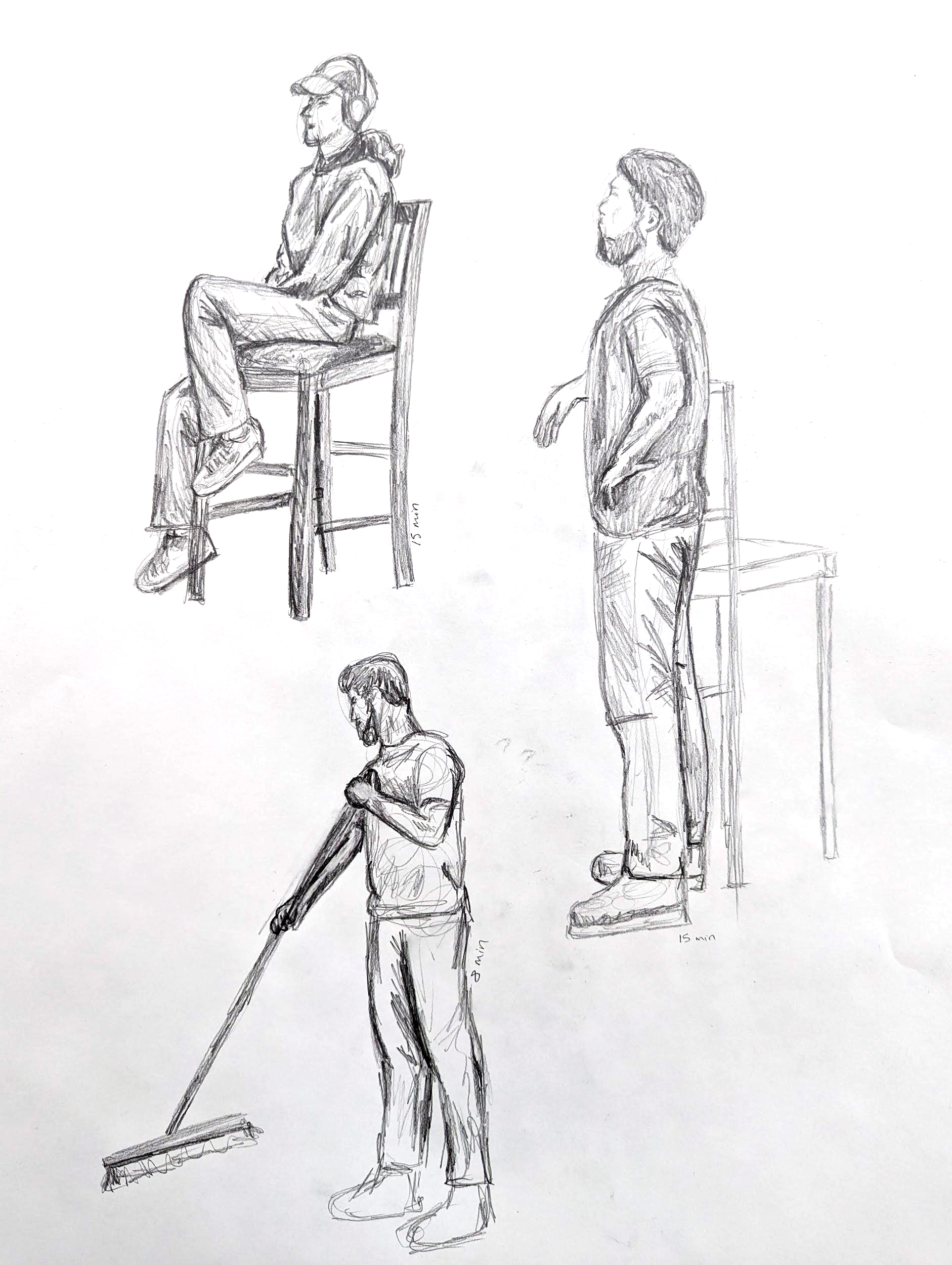 Jacey Harris, Graphite on Sulfite White Paper, 24″x18″, AR202 Drawing II: Figure Drawing, Movement in Stages Assignment, Spring 2024