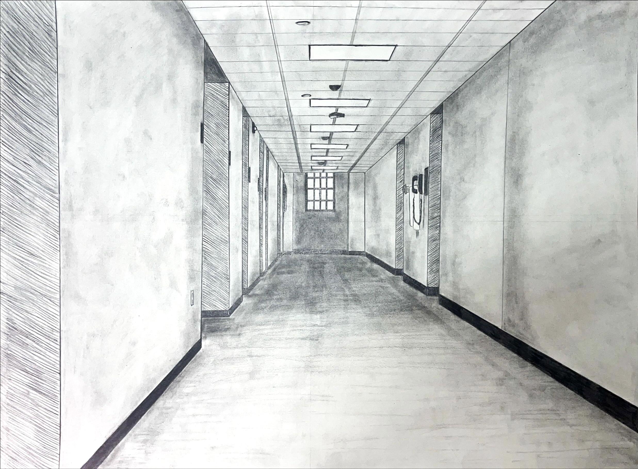 Lindsey Barnes, Graphite on Drawing Pad Paper, 18″x24″, One Point Perspective Hallway Drawing, AR100 Drawing I, Spring 2024