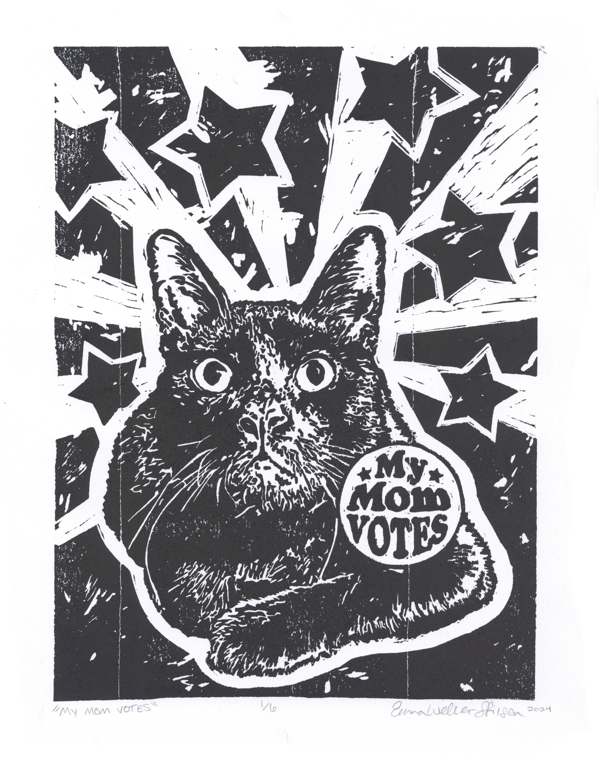 Emma Weller-Stilson, “My Mom Votes,” Linocut Block Print on Paper, 15″x11″, AR302 Relief and Mixed Media Printmaking, Fall 2024